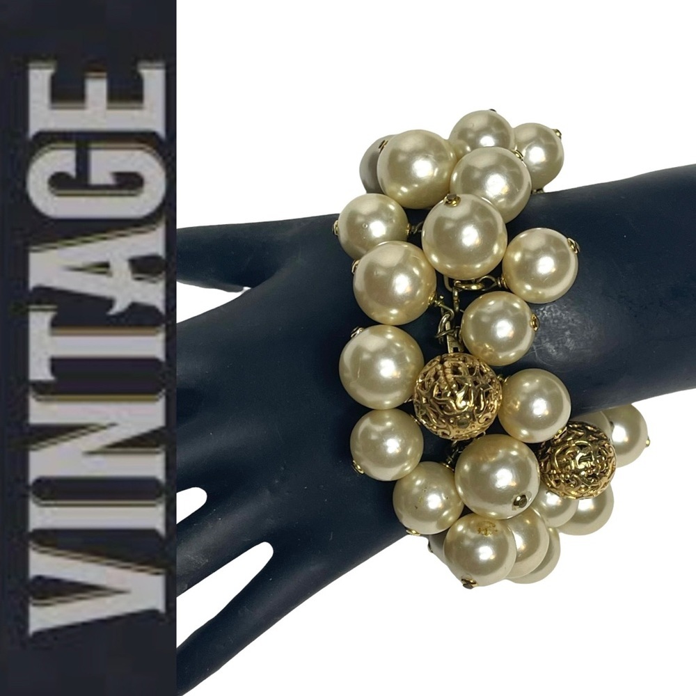 Vintage Signed Scorpios Paris Baroque Pearl and Gold Bead Chain Bracelet - Picture 3 of 15